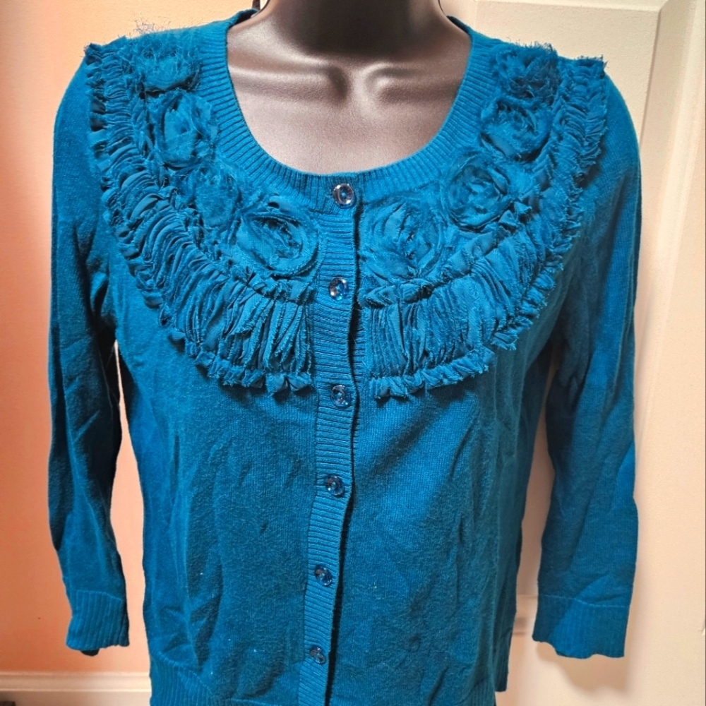 New York & Company Blue Ruffled Cardigan with Tailored Fit